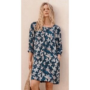 Garnet Hill Jardin Crepe Mini Dress Size XS Blue‎ Floral Boho A Line Square Neck